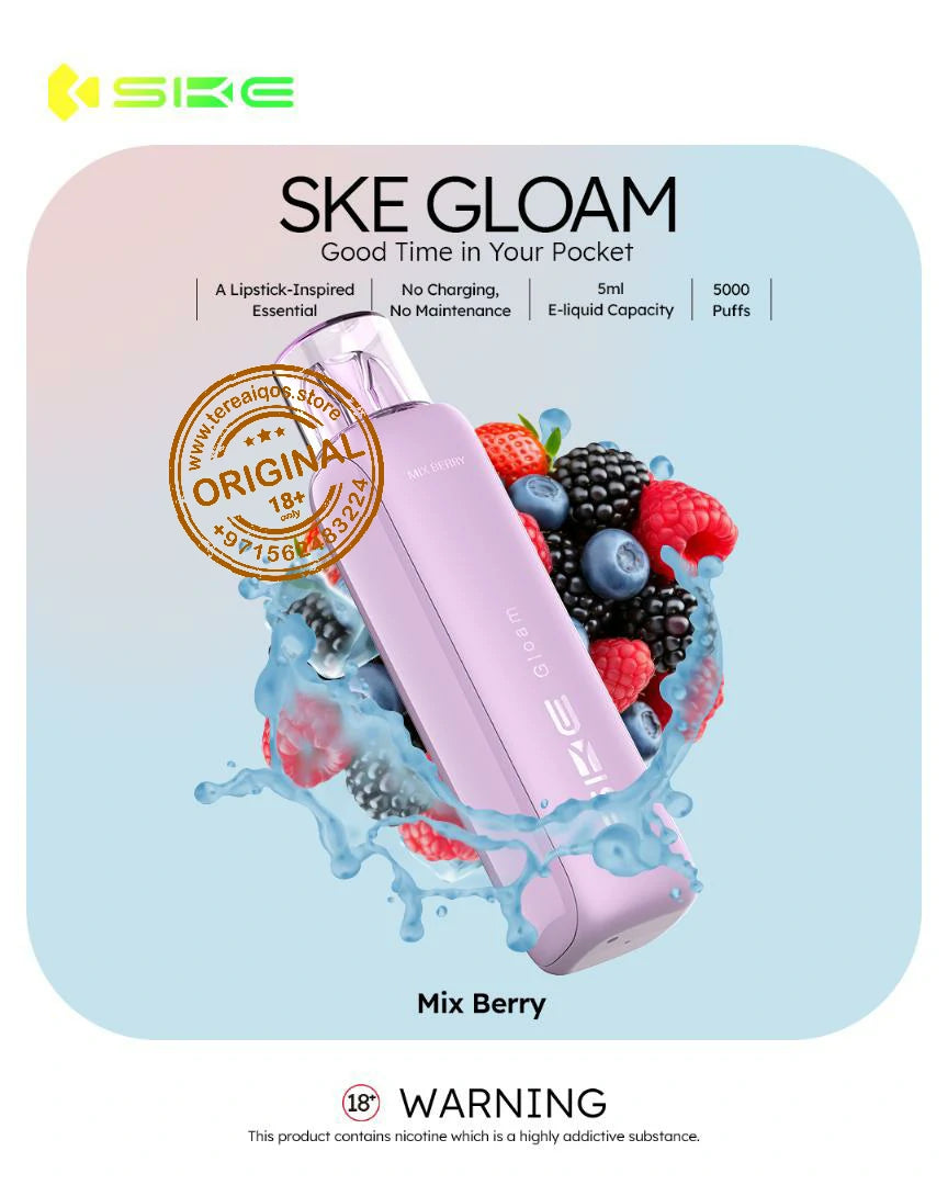 SKE Gloam vape device with berries and water splash on a light blue background