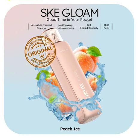 SKE Gloam vape device packaging with peach ice flavor on a light blue background