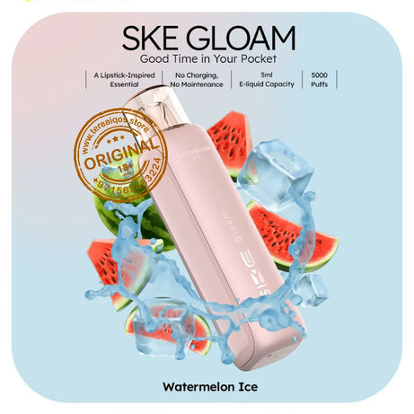 SKE Gloam vape device with watermelon ice flavor on a light blue background