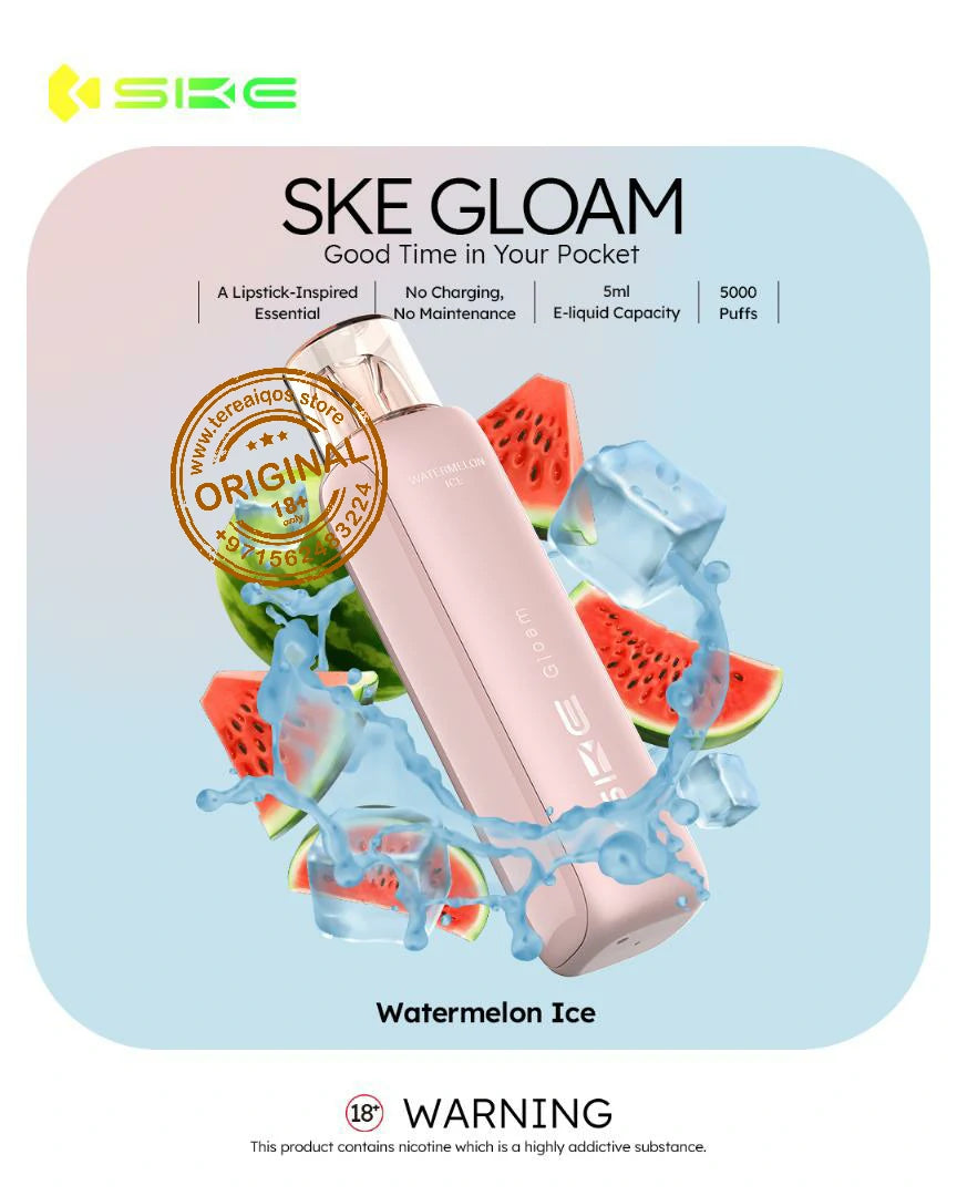 SKE Gloam vape device with watermelon ice flavor on a light blue background