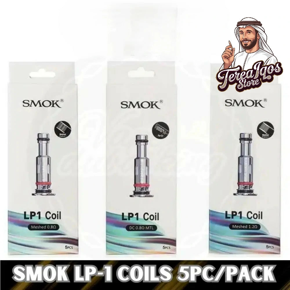 Three packages of SMOK LP1 Coils with branding and product details.
