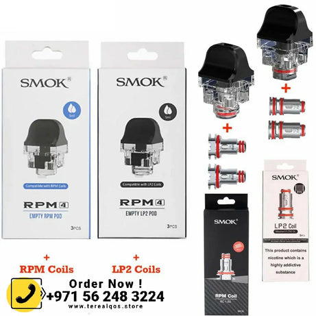 Smok RPM 4 and LP2 vape parts with packaging and coils .
