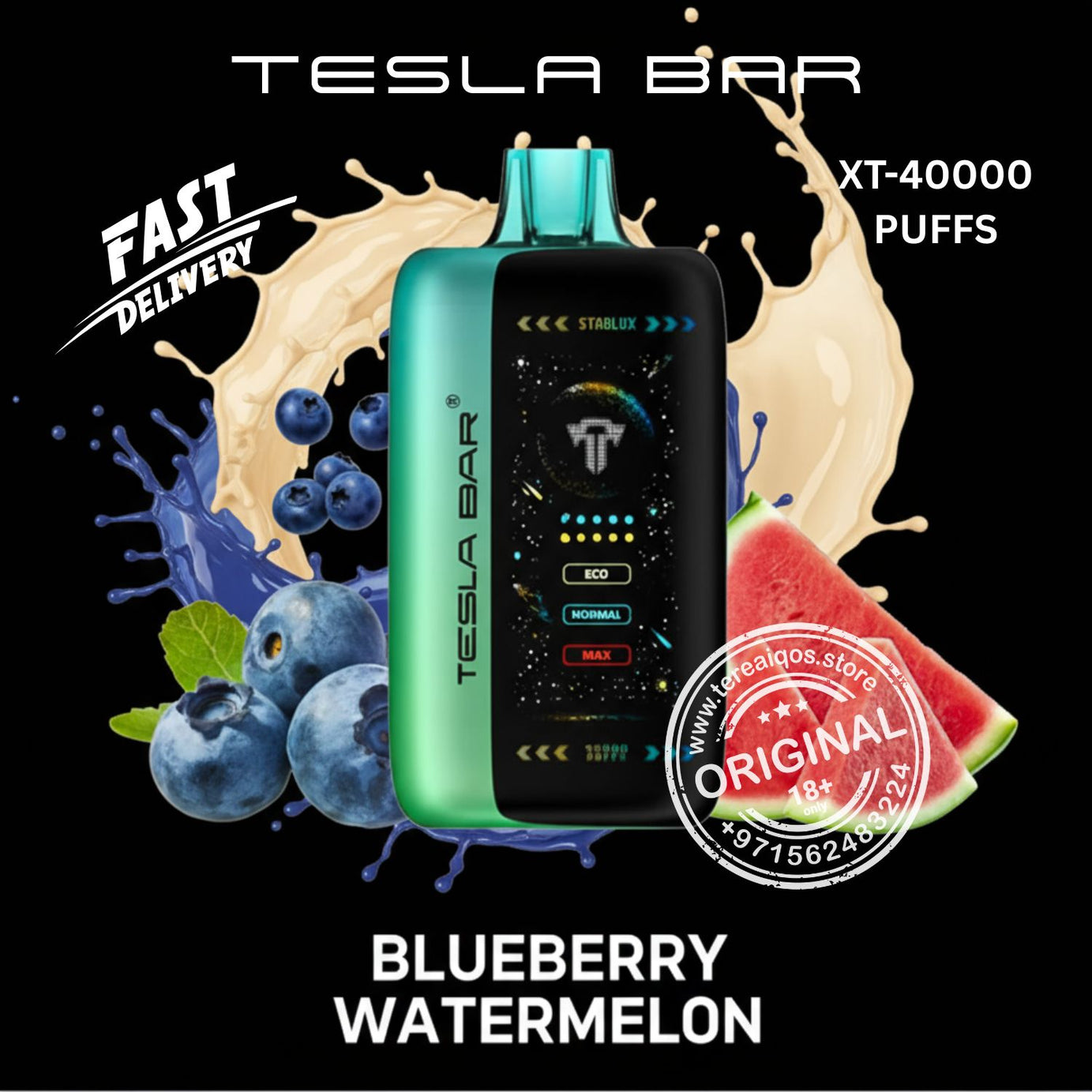 Tesla Bar vape device with blueberry watermelon flavor
