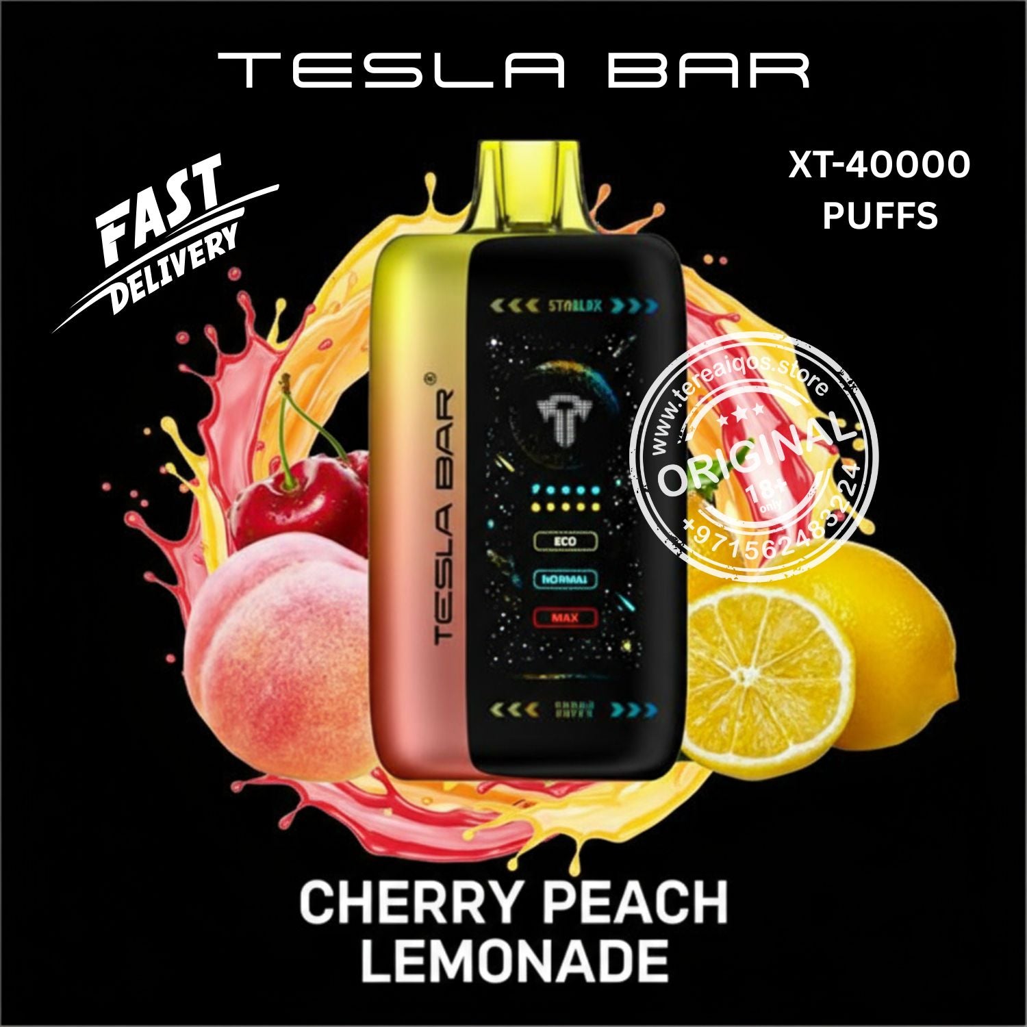 Tesla Bar vape device with cherry peach lemonade flavor.