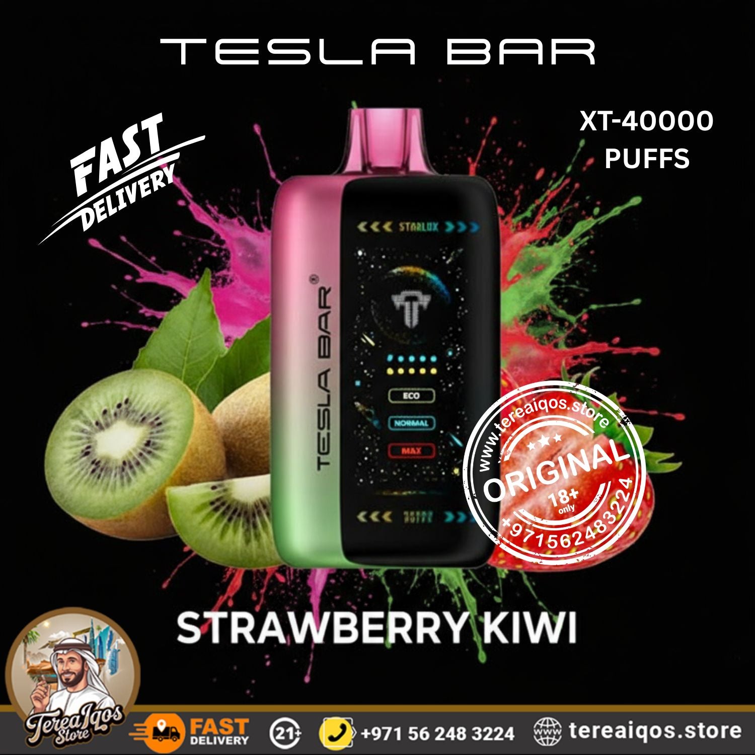 Tesla Bar vape device with strawberry kiwi flavor