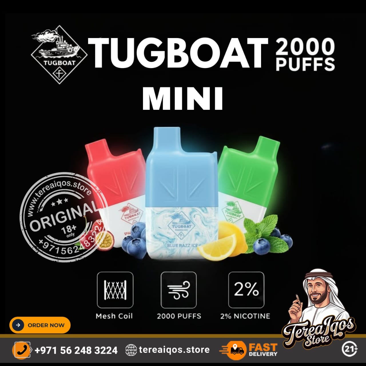 Advertisement for Tugboat Mini vape device with colorful pods and branding elements on a black background.