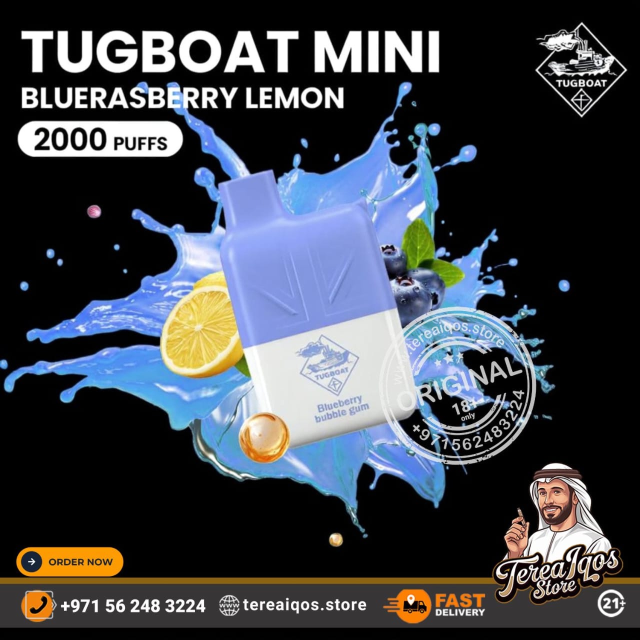 Tugboat Mini vape device with blue and white design, surrounded by blueberries and lemon slices on a black background.
