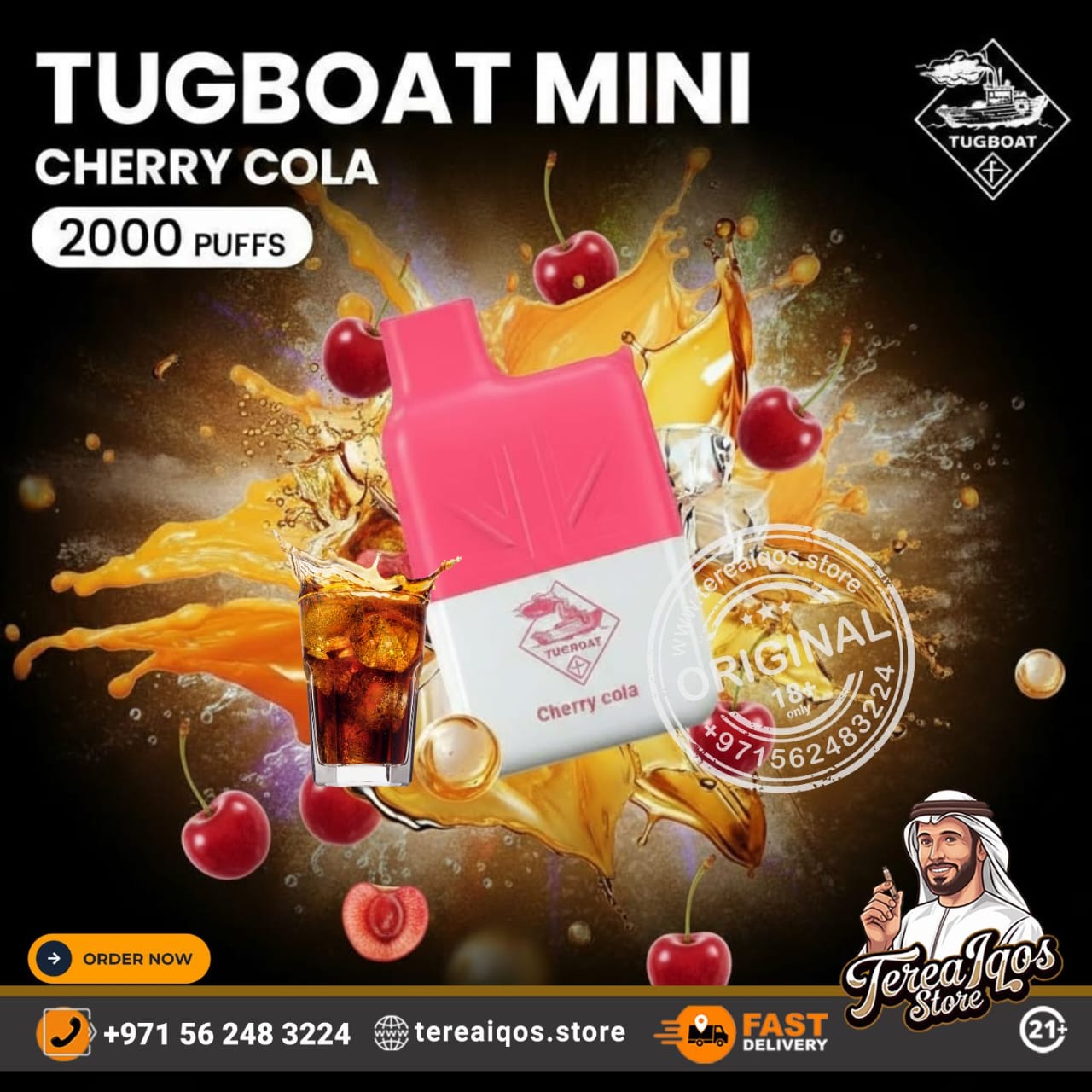 Tugboat Mini Cherry Cola vape device with cherry and cola elements on a dark background, featuring Tereiqos branding.