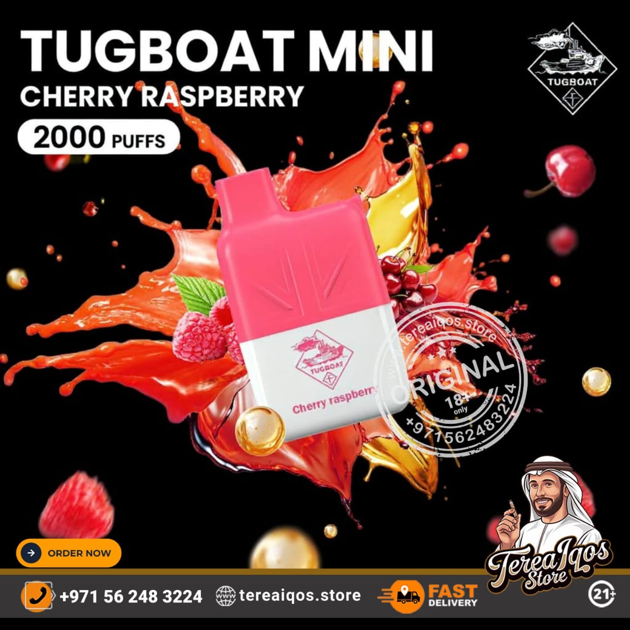 Tugboat Mini Cherry Raspberry vape device with colorful splashes and branding elements on a black background.