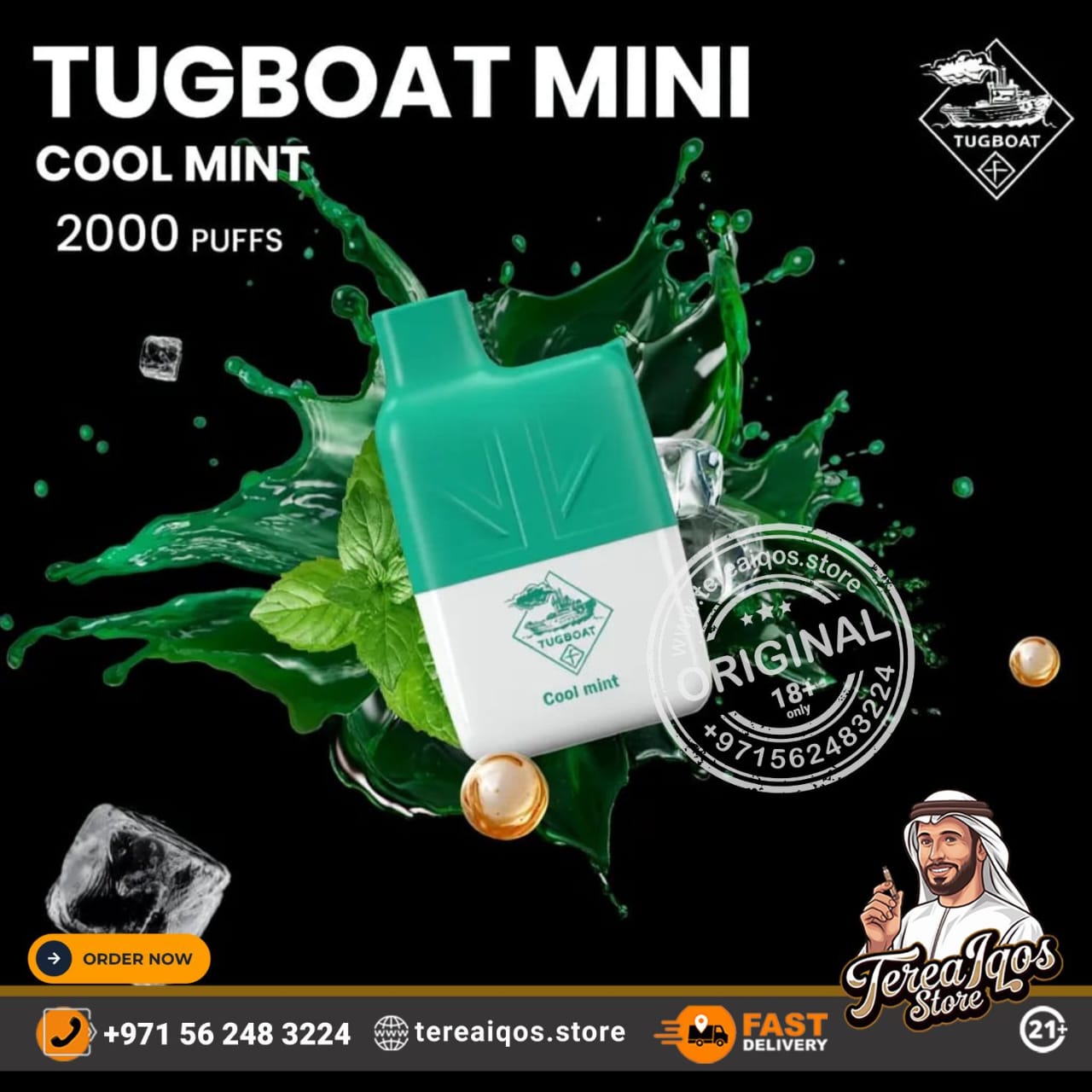 Tugboat Mini Cool Mint vape device with green leaves and ice cubes on a black background, featuring Tereaiqos branding.