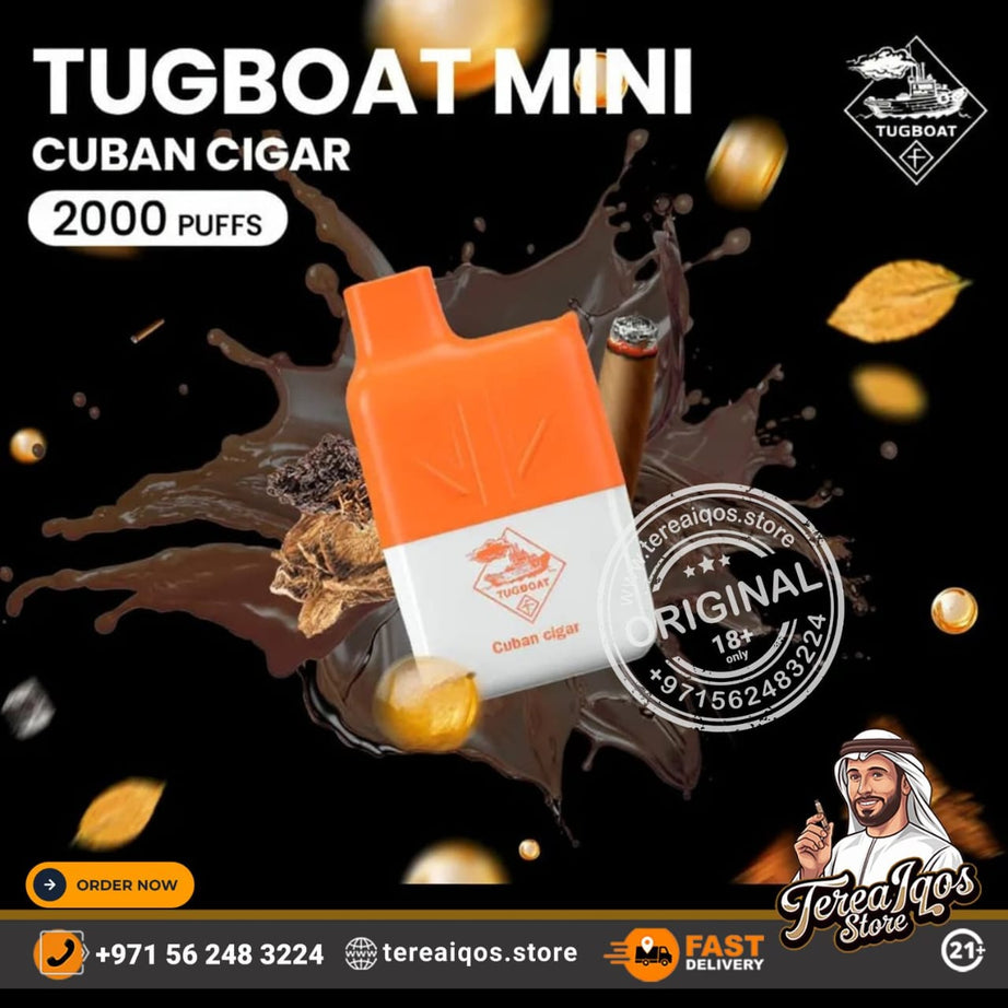 Tugboat Mini Cuban Cigar packaging with brand logo and contact information on a dark background.