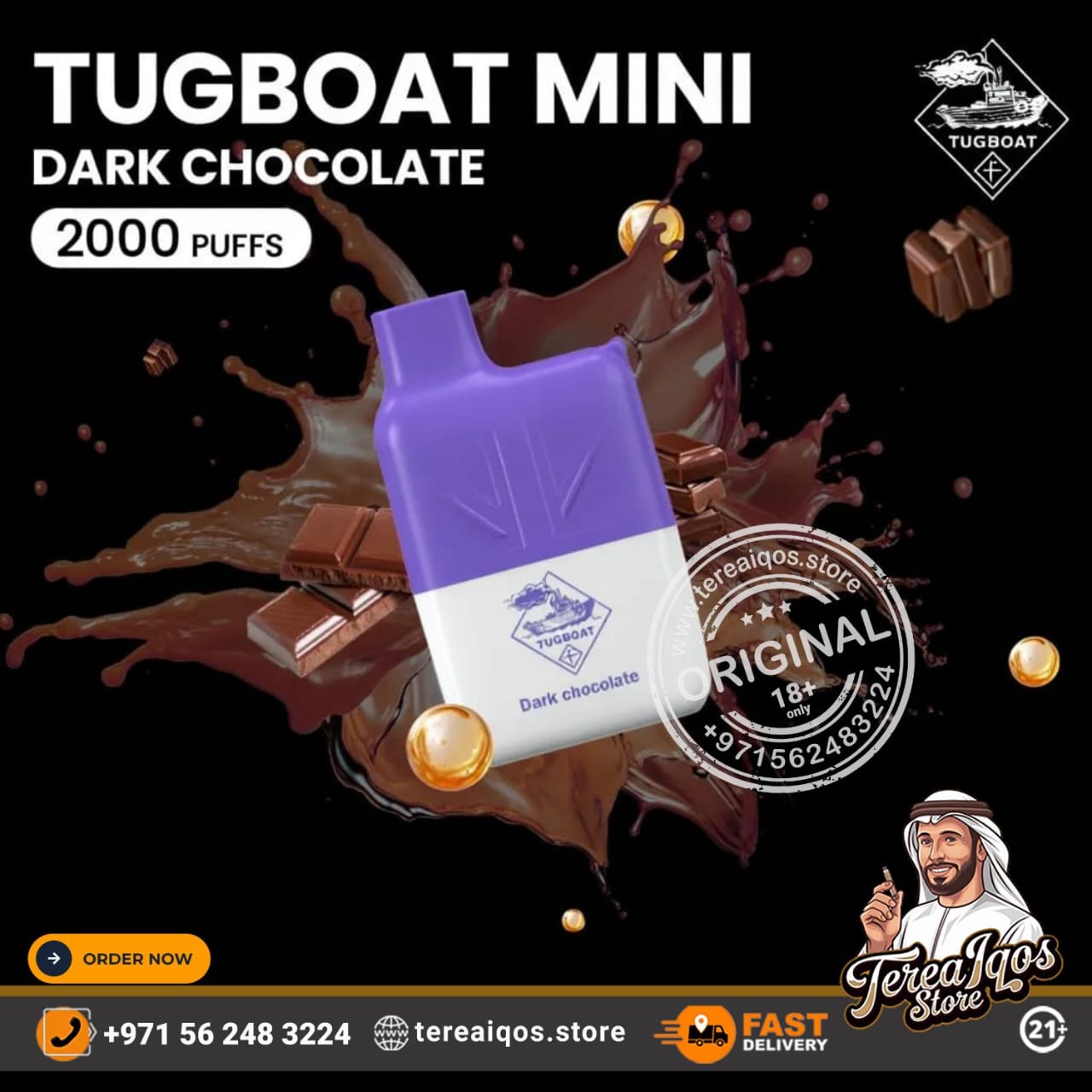 Tugboat Mini dark chocolate vape device with brand logo and contact information on a black background