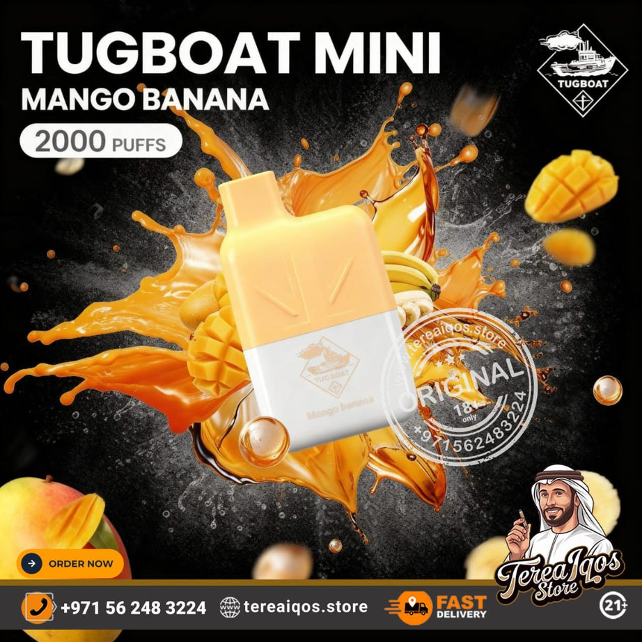 Tugboat Mini Mango Banana vape device with mango and banana elements on a dark background.