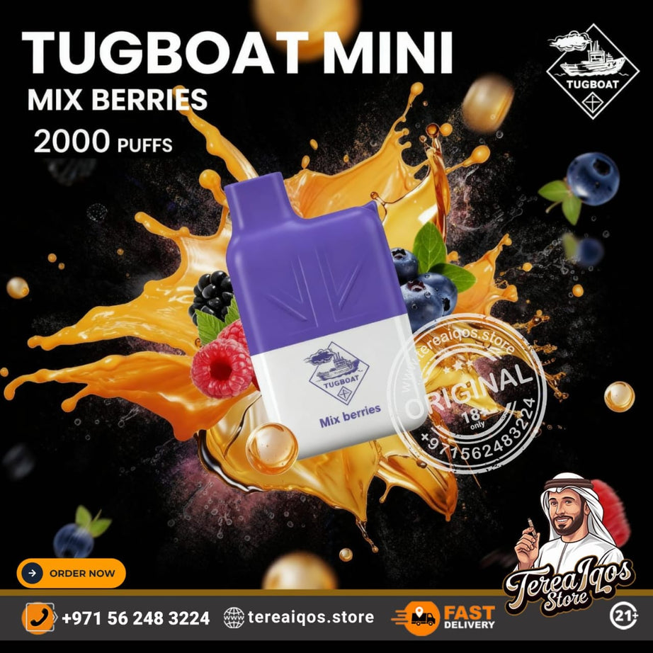 Tugboat Mini vape device with mix berries flavor on a colorful background, featuring Tereiqos Store branding.