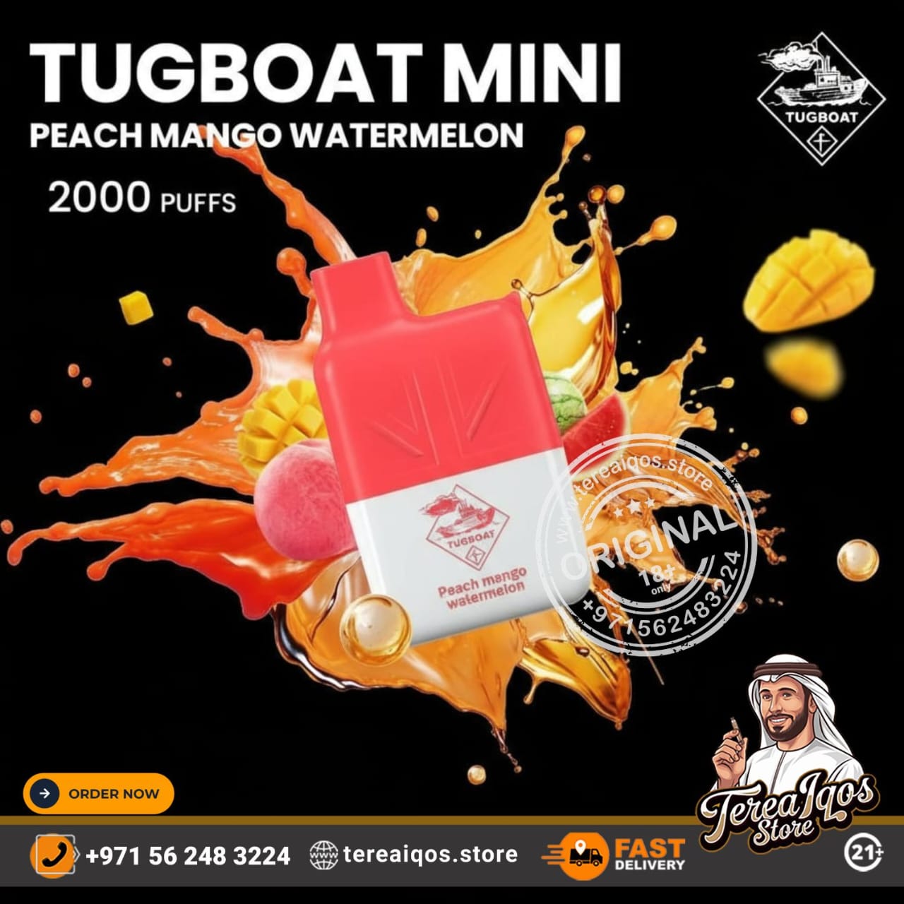 Tugboat Mini peach mango watermelon vape device with colorful splashes on a black background