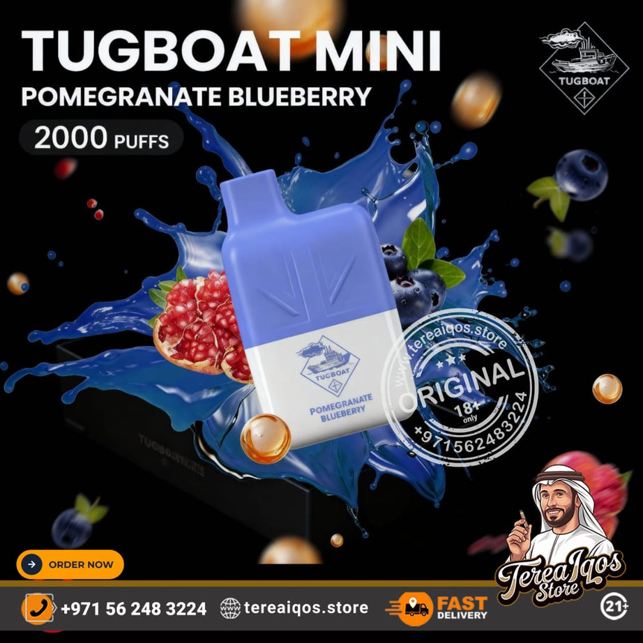 Tugboat Mini vape device with pomegranate blueberry flavor on a colorful background