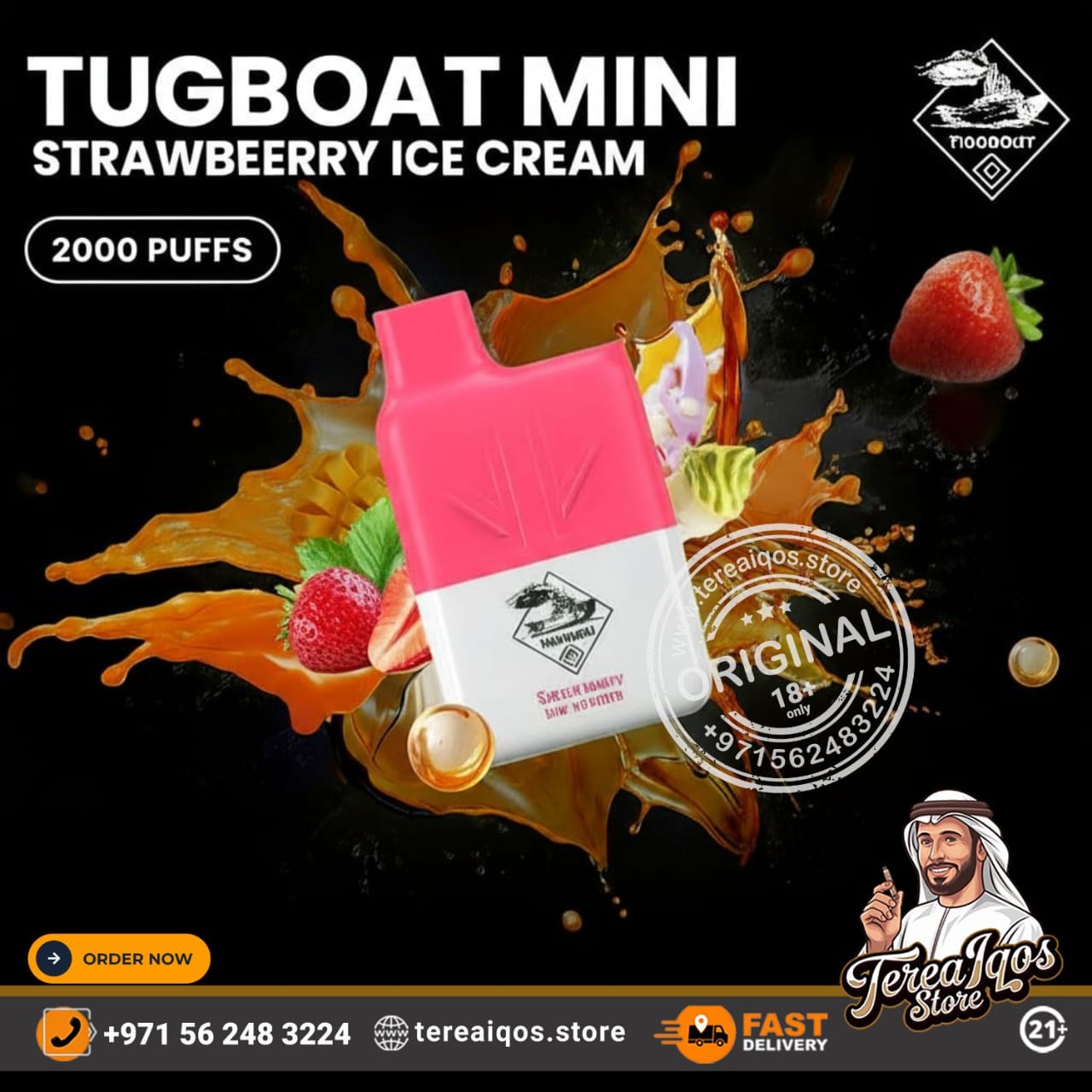 Tugboat Mini strawberry ice cream vape device with splashes of orange and strawberry on a dark background, featuring Tereaiqos branding.