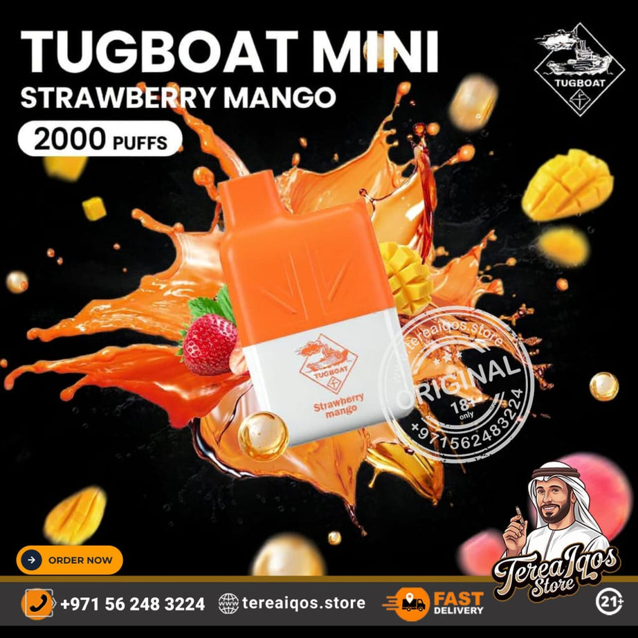 Tugboat Mini Strawberry Mango vape device with colorful splashes and branding on a dark background