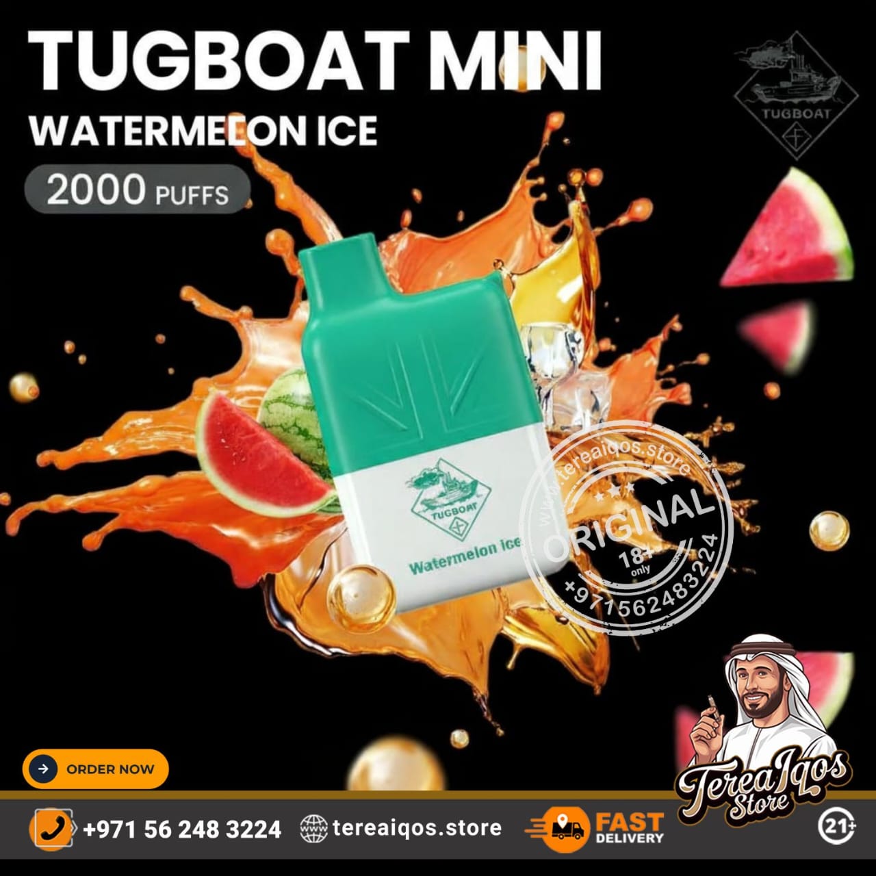 Tugboat Mini vape device with watermelon ice flavor on a black background with watermelon slices and ice cubes.