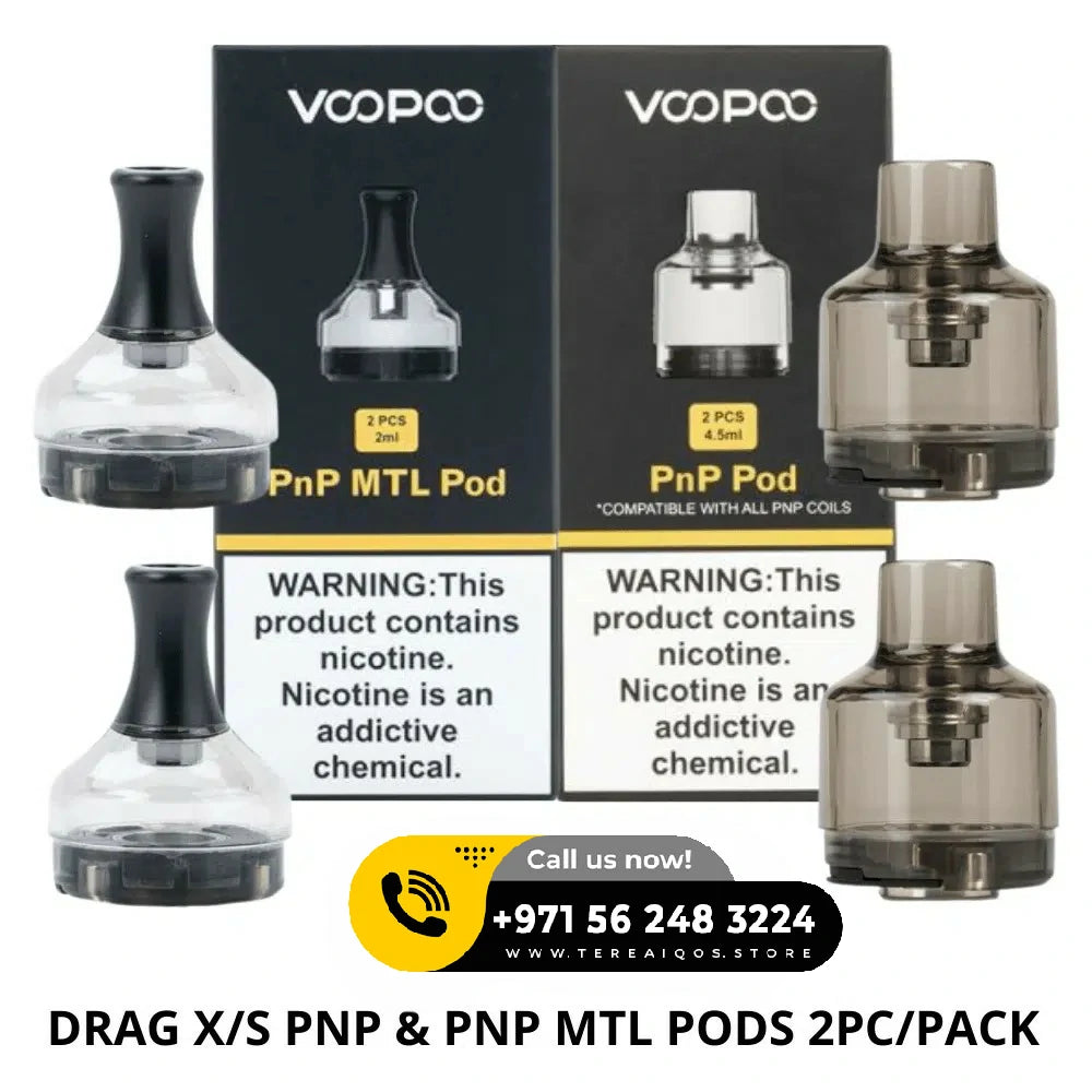 Voopoo PnP MTL Pod packaging with nicotine warning labels and contact information.