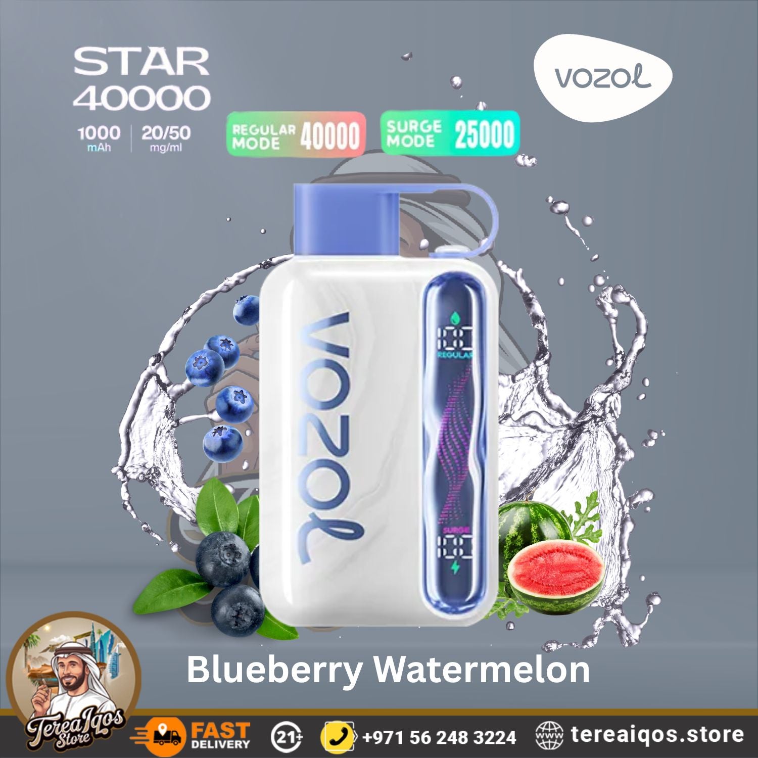 VOZOL Star 40000 vape device with blueberry watermelon flavor