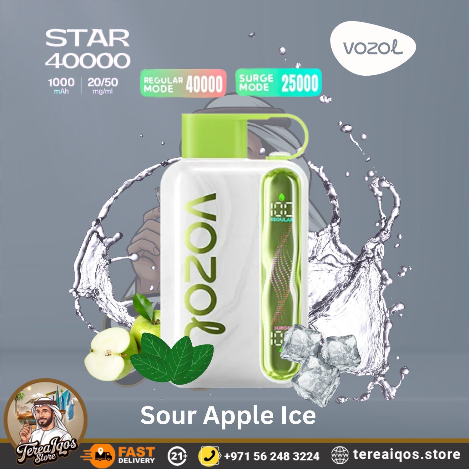 VOZOL Star 40000 vape device with Sour Apple Ice Flavor
