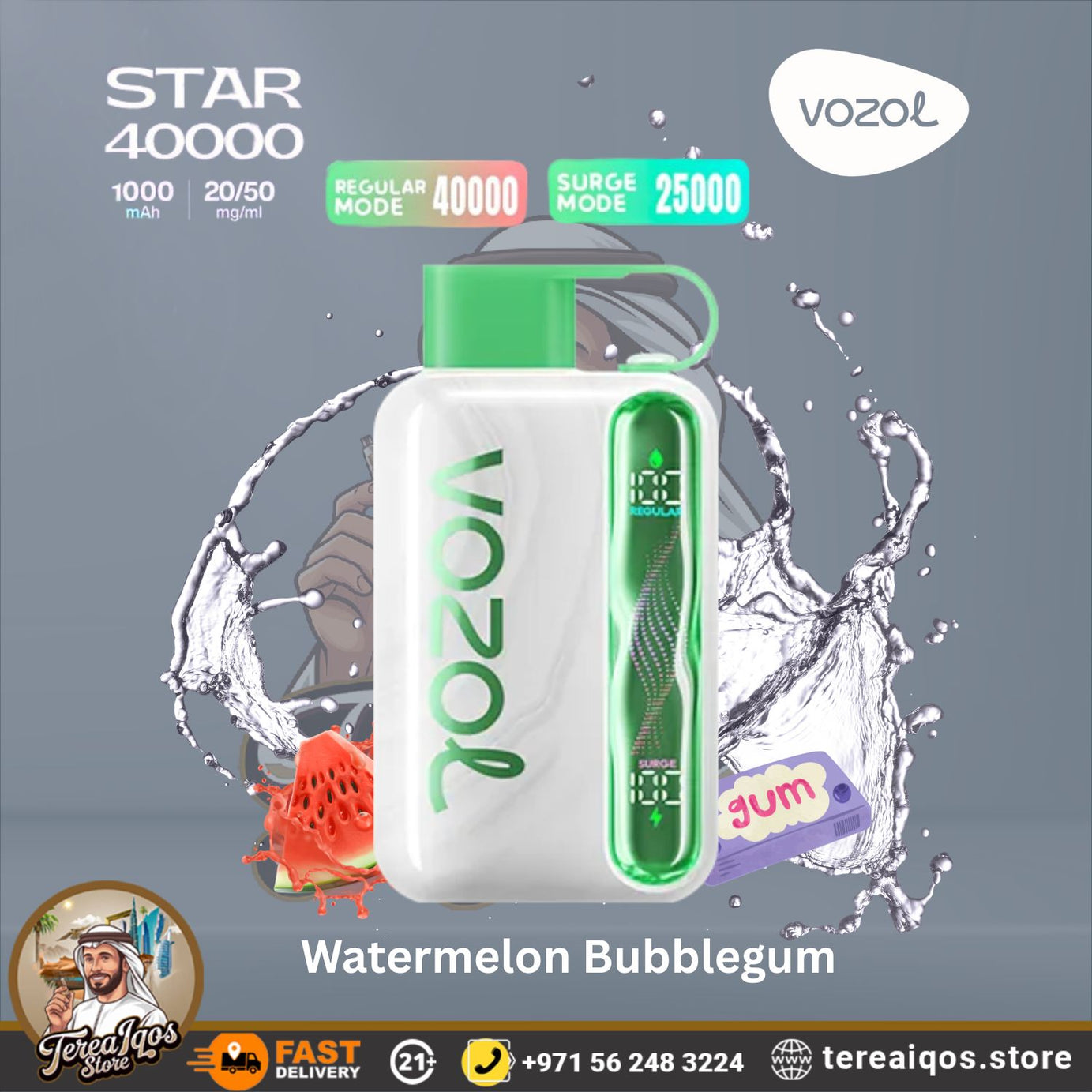 VOZOL Star 40000 vape device with watermelon bubblegum flavor