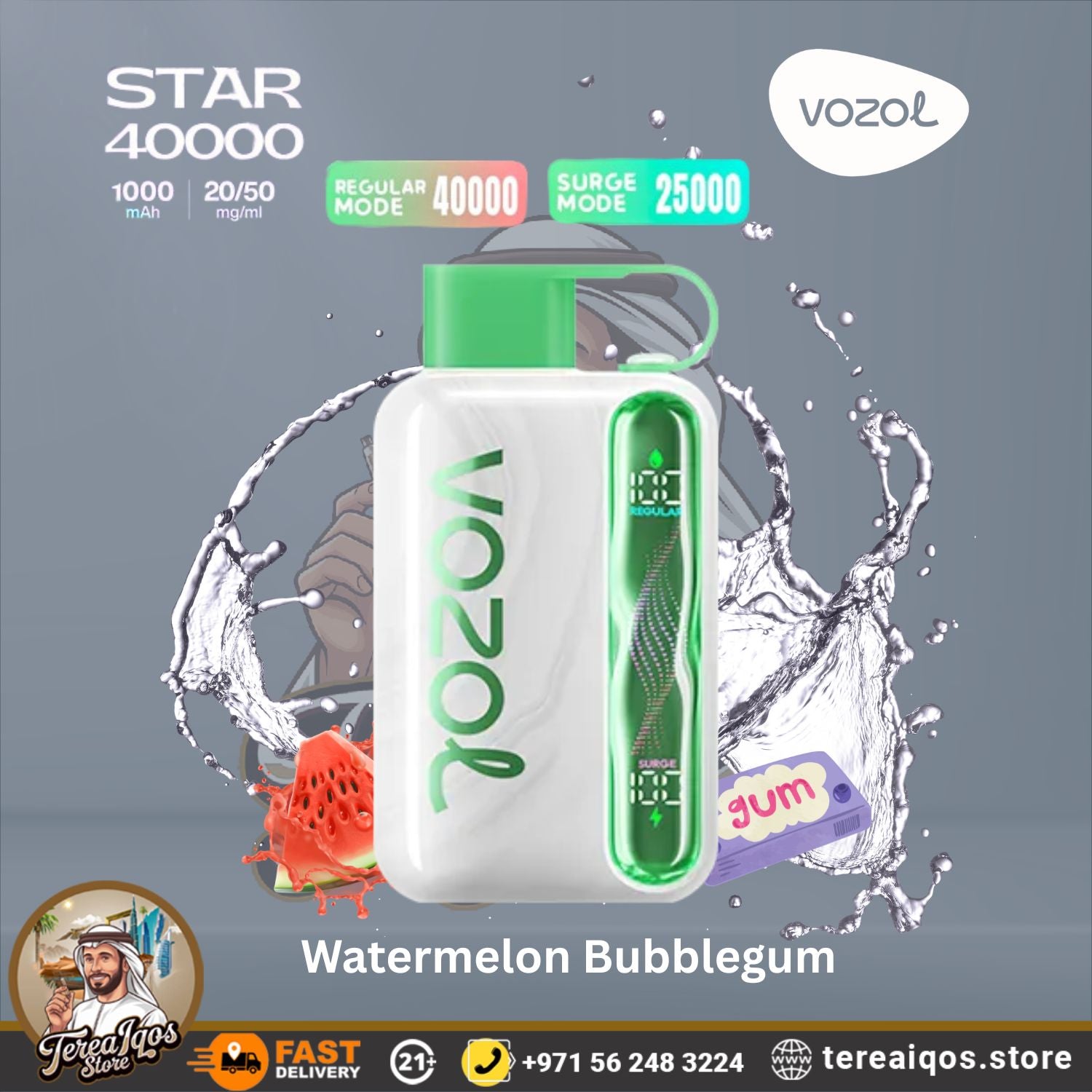 VOZOL Star 40000 vape device with watermelon bubblegum flavor
