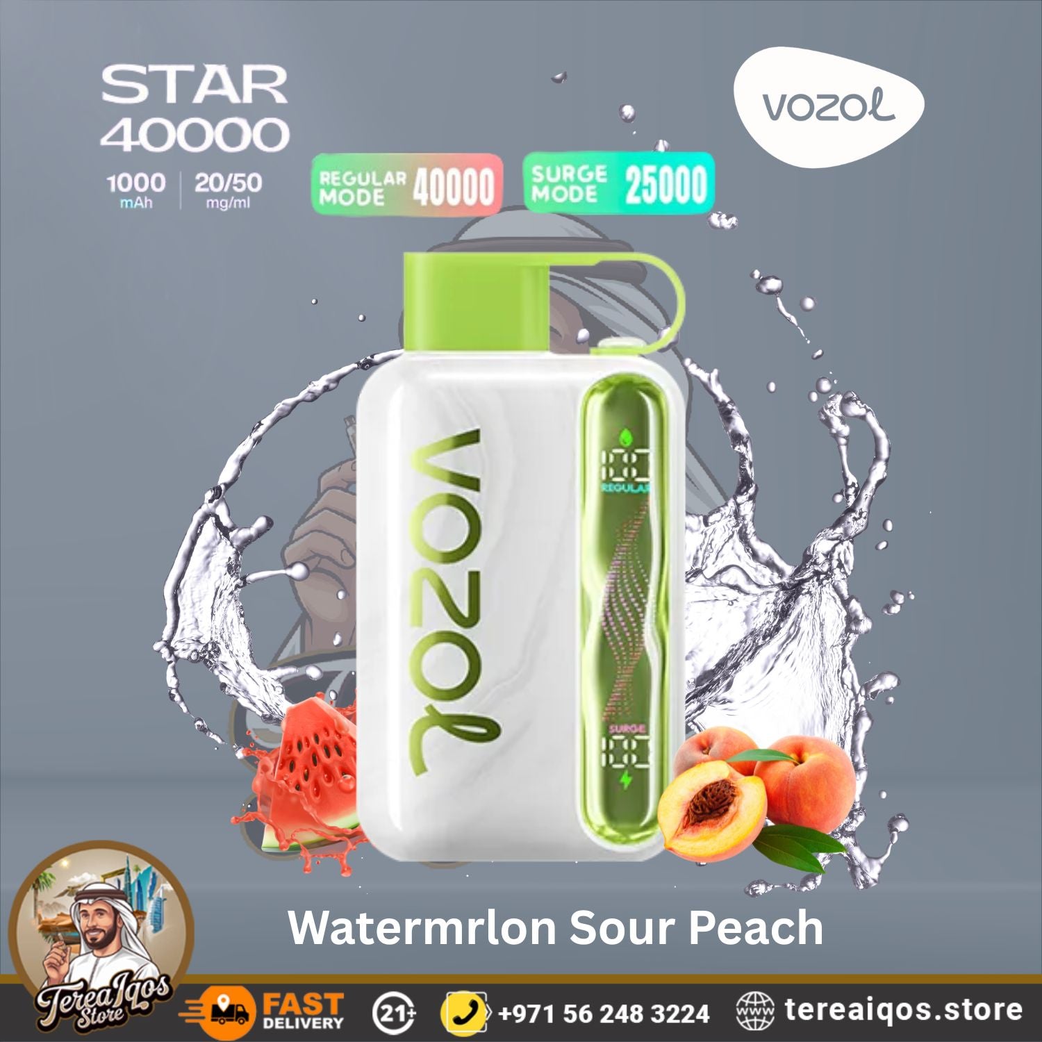 VOZOL Star 40000 vape device with watermelon sour peach flavor