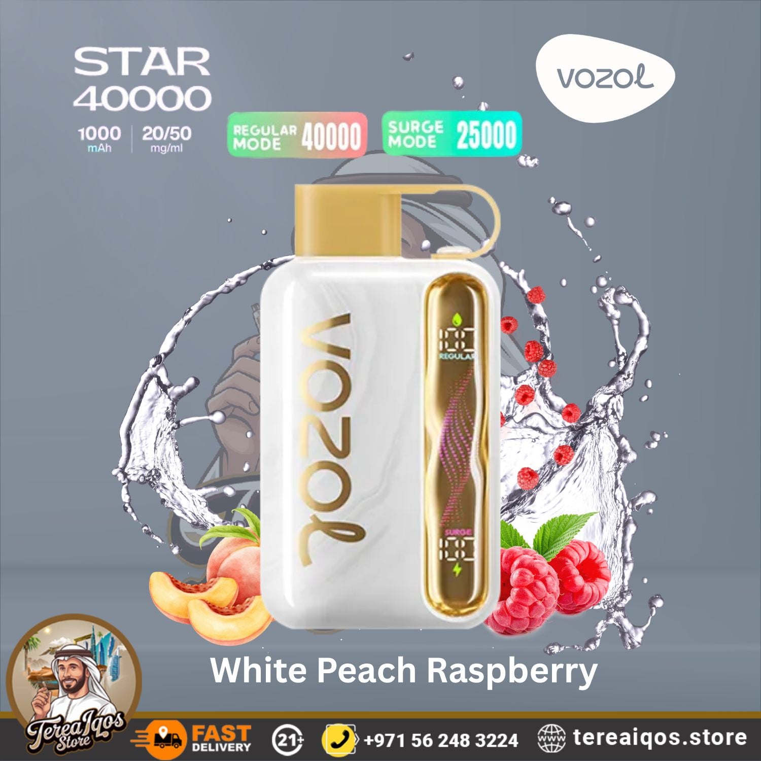 Vozol Star 40000 vape device with white peach raspberry flavor 