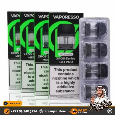 Vaporesso XROS Series vape pods packaging with nicotine warning label and Terejaags logo.