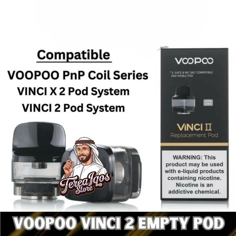 VOOPOO VINCI 2 empty pod with packaging and compatibility text.
