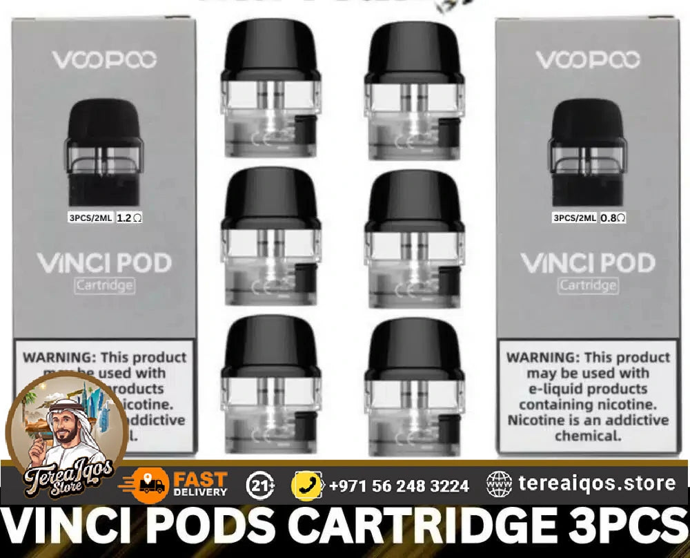 VOOPCO Vinci Pod Cartridge packaging with warning labels and branding.