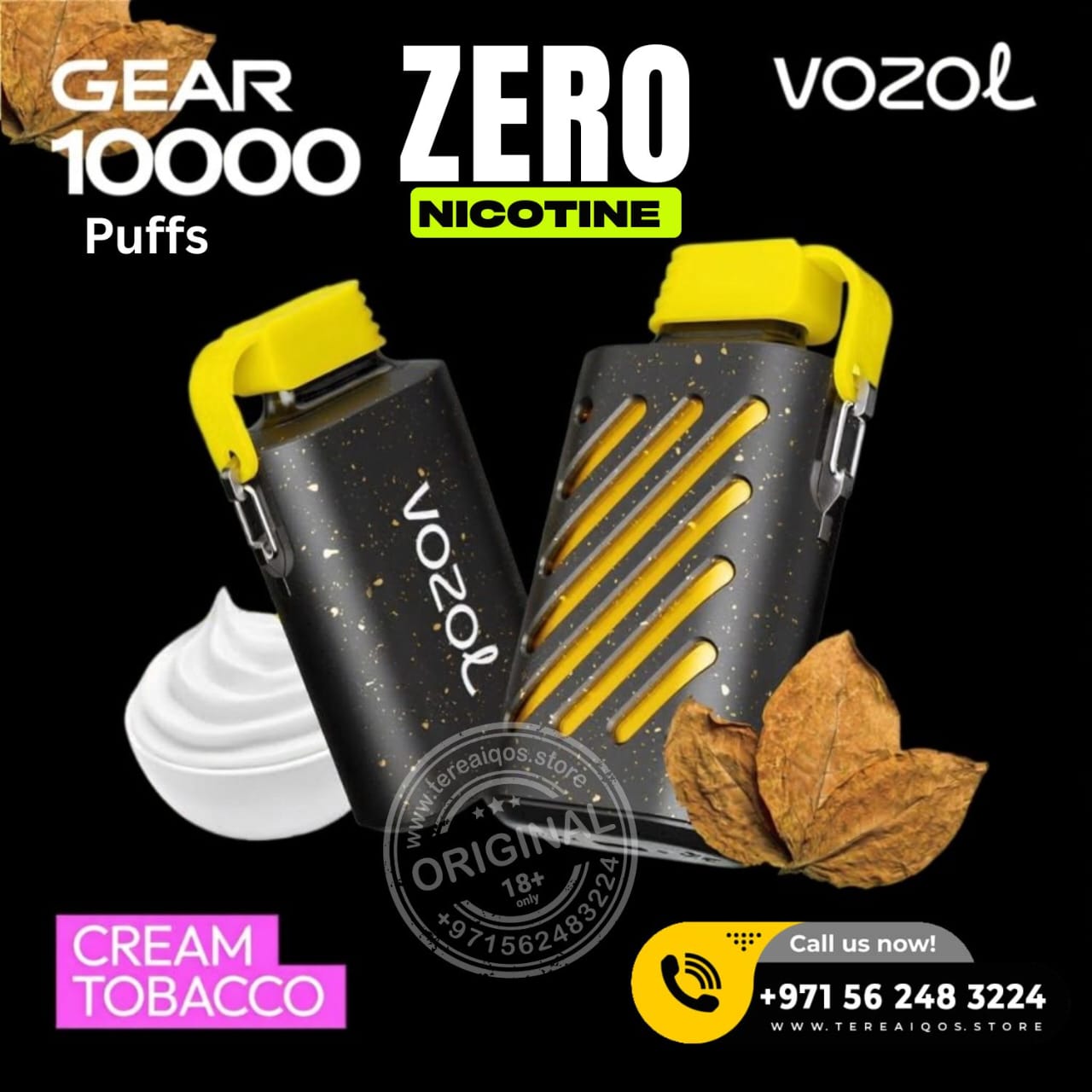 VOZOL vaping device with cream tobacco flavor on a black background