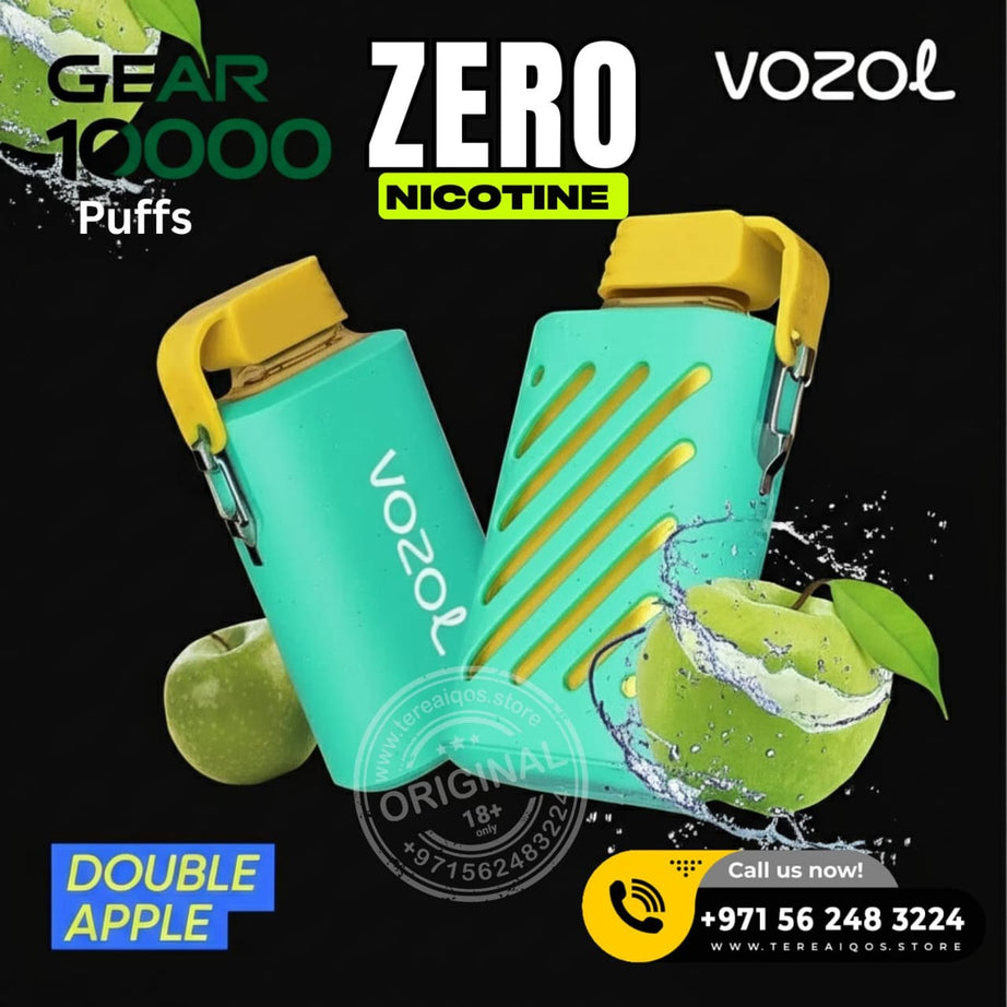 VOZOL vaping device with green apples and promotional text on a black background