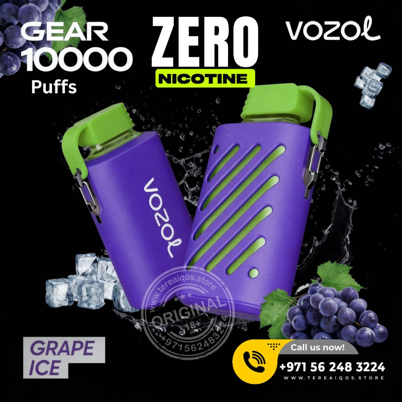 Purple VOZOL vape device with green accents on a black background with grape ice theme.