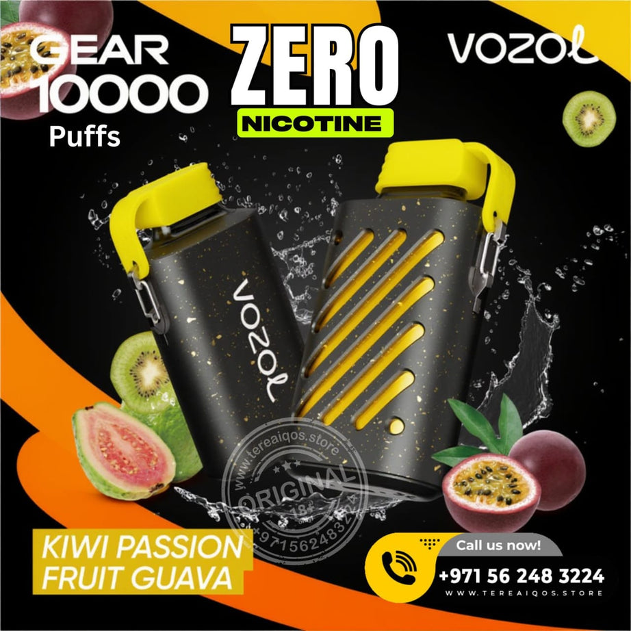 VOZOL vaping device with kiwi, passion fruit, and guava on a black background