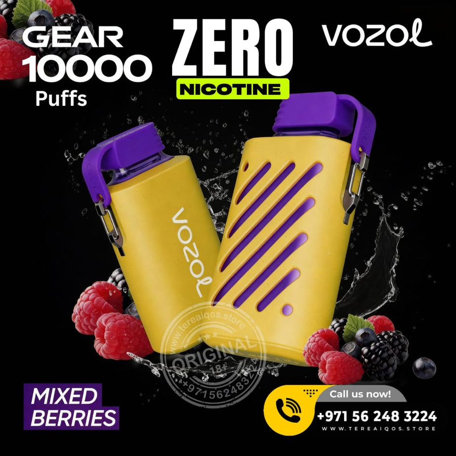 Yellow and purple VOOZOL vape device with mixed berries on a black background