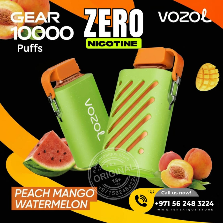 VOZOL vape device with green and orange design, surrounded by peach, mango, and watermelon graphics on a colorful background.