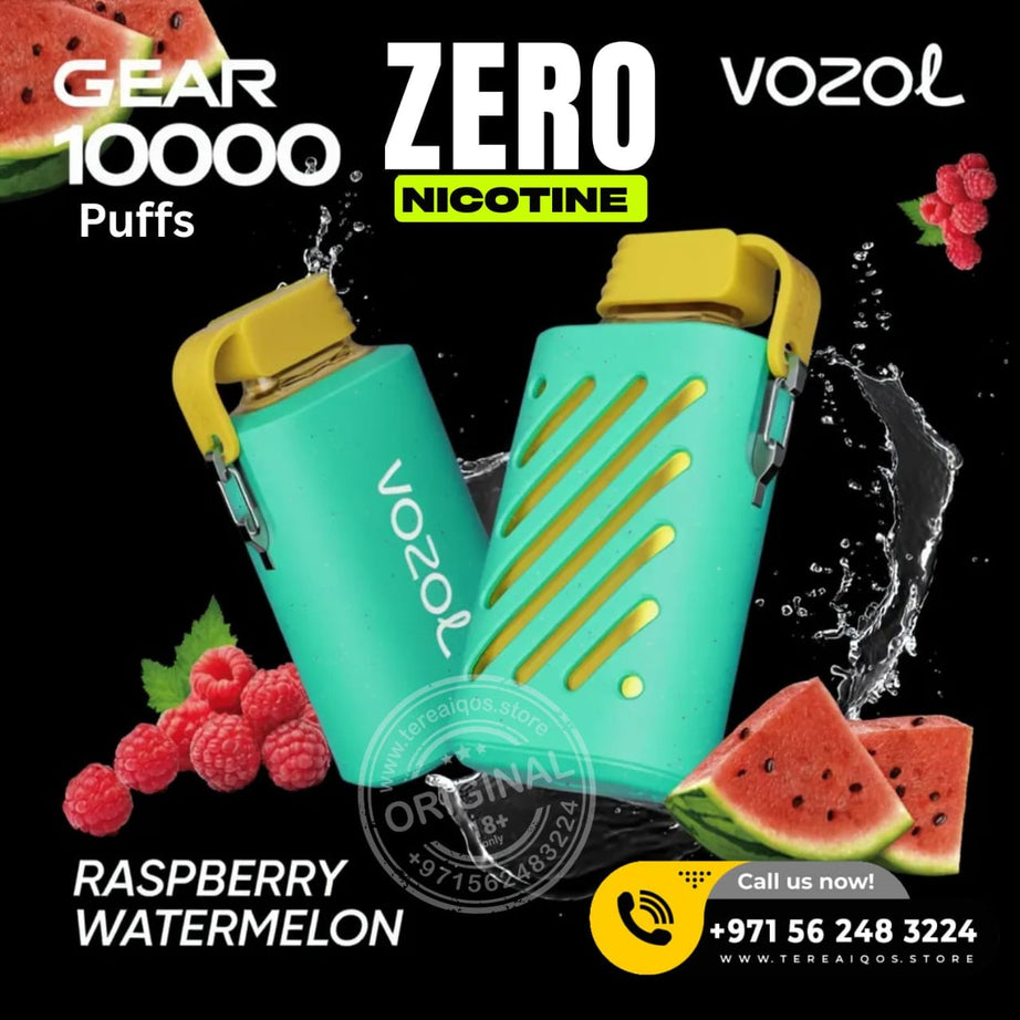 Teal and yellow VOZOL vape device with raspberry and watermelon graphics on a black background.