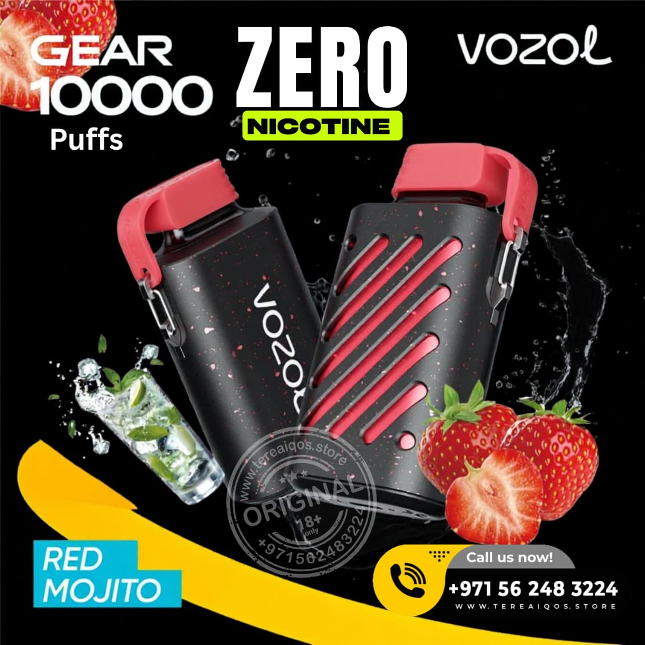 VOZOL vaping device with red and black design, surrounded by strawberries and mint leaves on a dark background.