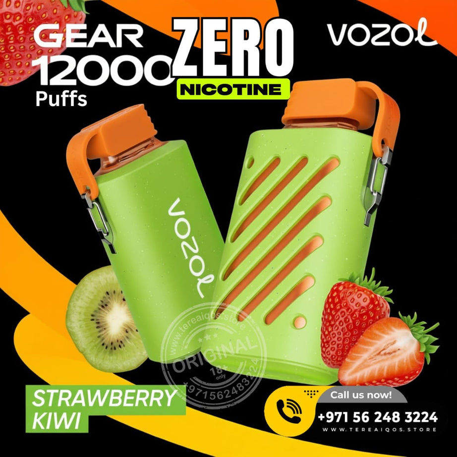 VOZOL vaping device with strawberry and kiwi graphics on a colorful background