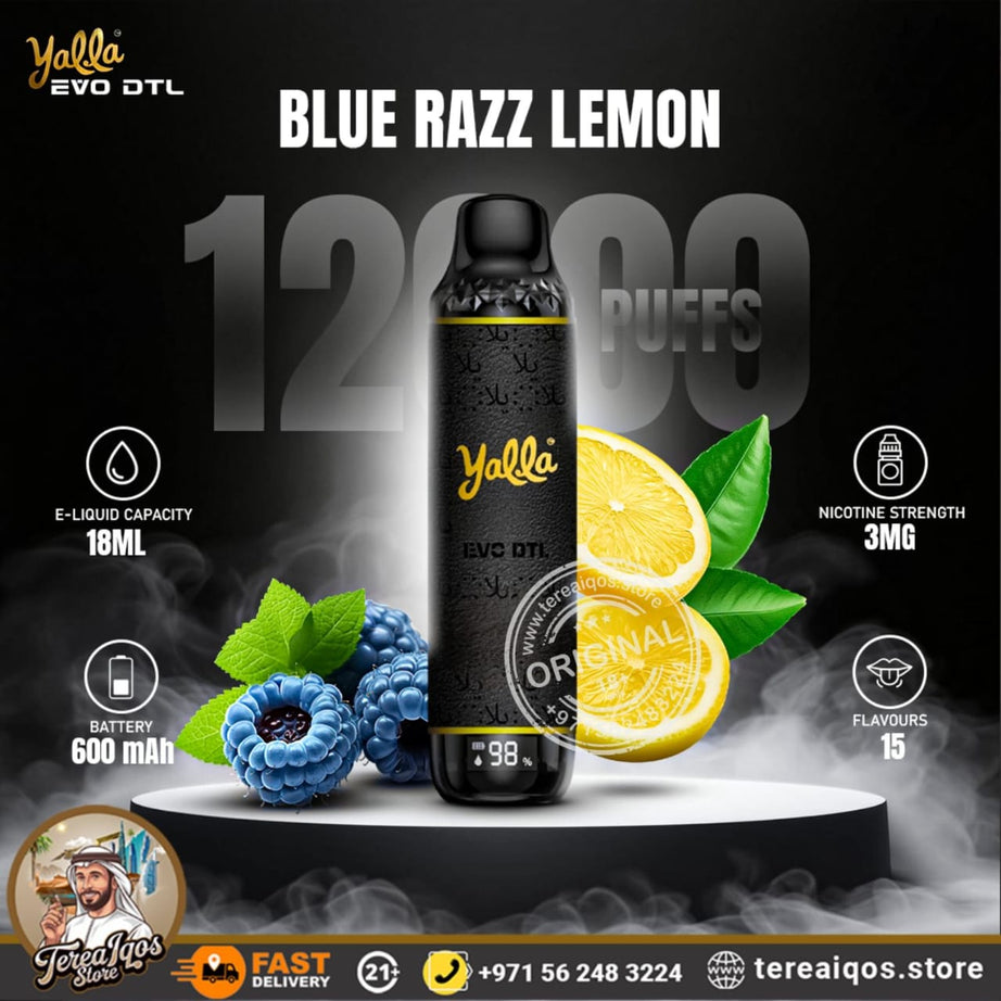 Yalla EVO DTL Blue Razz Lemon vape device with lemon and blueberry graphics on a dark background.