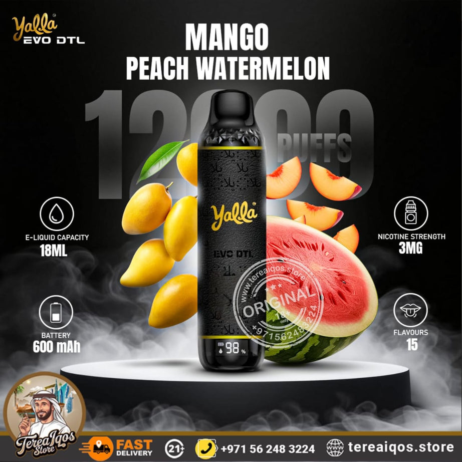 Yalla EVO DTL vape device with mango, peach, and watermelon graphics on a dark background