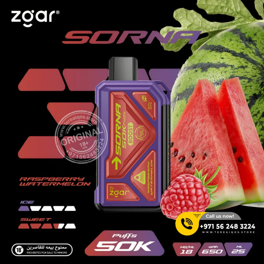 Zgar Sorna vape device with watermelon and raspberry graphics on a black background