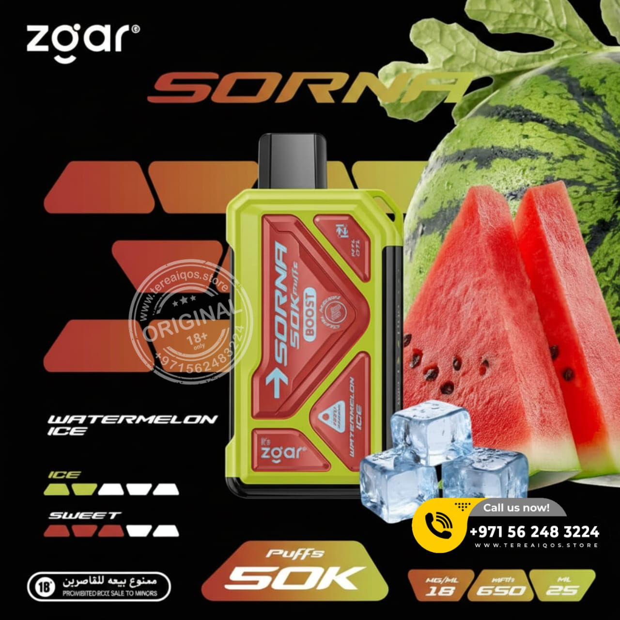 Zgar Sorna vape device with watermelon slices and ice cubes on a black background