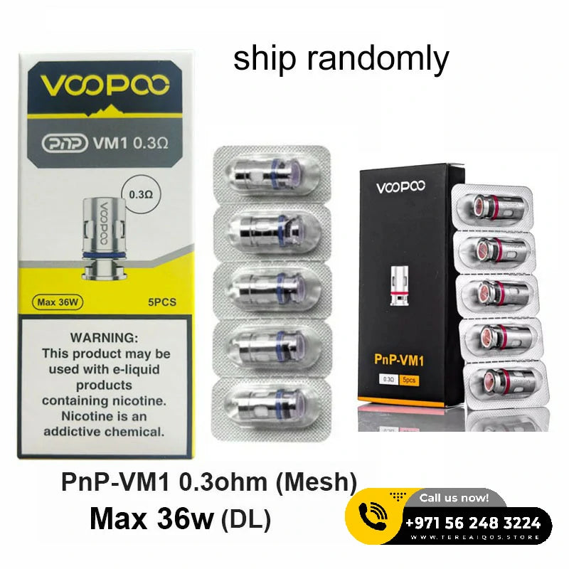 VOOPOO PnP VM1 vape coils packaging with warning label and contact information.